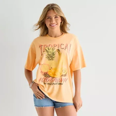 Arizona Womens Juniors Round Neck Short Sleeve Oversized Graphic T-shirt In Yellow
