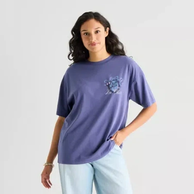 Arizona Womens Juniors Round Neck Short Sleeve Oversized Graphic T-shirt In Purple