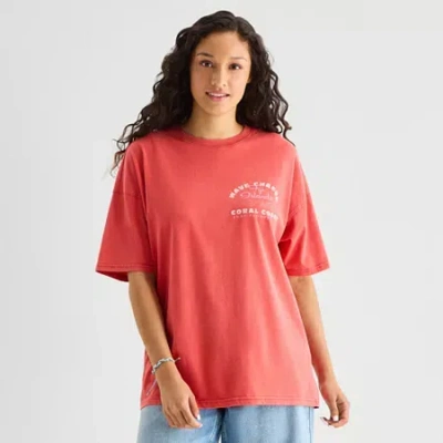 Arizona Womens Juniors Round Neck Short Sleeve Oversized Graphic T-shirt In Red