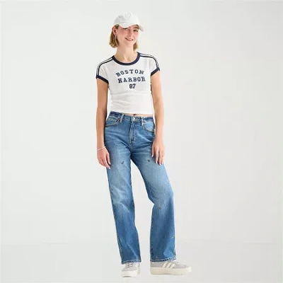 Arizona Womens Juniors Short High Rise Stretch Fabric Straight Leg Jean In Blue