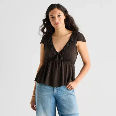 Arizona Womens Juniors Short Sleeve Babydoll Top In Brown