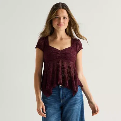 Arizona Womens Juniors Short Sleeve Babydoll Top In Burgundy