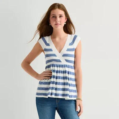Arizona Womens Juniors Short Sleeve Babydoll Top In Blue
