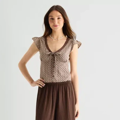 Arizona Womens Juniors Short Sleeve Blouse In Brown