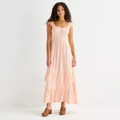 Arizona Womens Juniors Short Sleeve Floral Maxi Dress In Pink