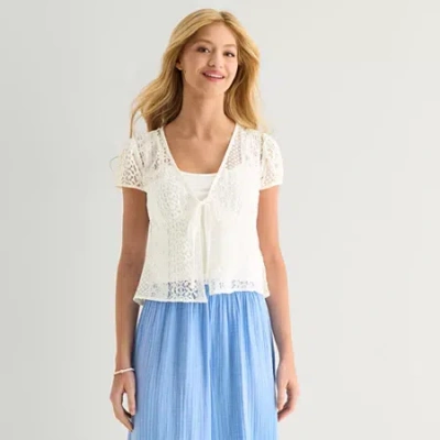 Arizona Womens Juniors Short Sleeve Lace Blouse In White