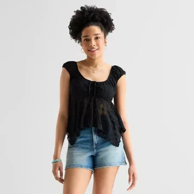 Arizona Womens Juniors Short Sleeve Peasant Top In Black