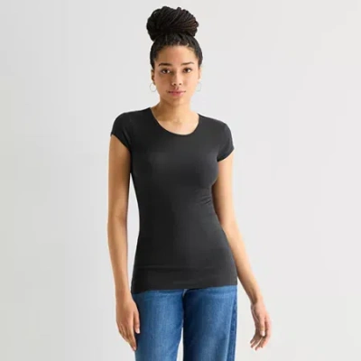 Arizona Womens Juniors Short Sleeve Regular Fit Graphic T-shirt In Black