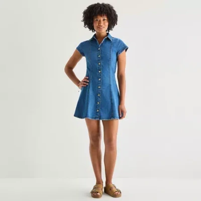 Arizona Womens Juniors Short Sleeve Sundress In Blue