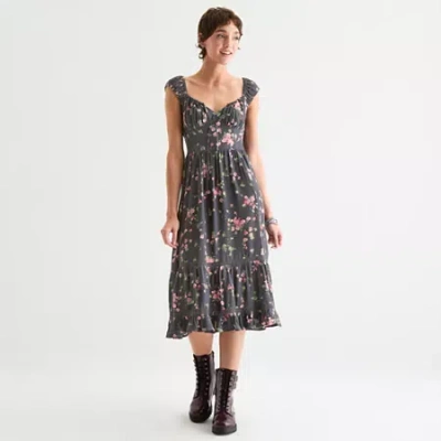 Arizona Womens Juniors Sleeveless Floral Midi Peasant Dress In Gray