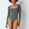 Arizona Womens Juniors Square Neck Long Sleeve Bodysuit In Gray