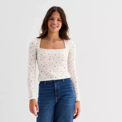 Arizona Womens Juniors Square Neck Long Sleeve Layered Top In White