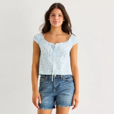 Arizona Womens Juniors Square Neck Short Sleeve Babydoll Top In Blue