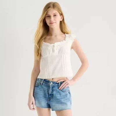 Arizona Womens Juniors Square Neck Short Sleeve Babydoll Top In White