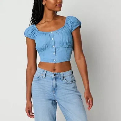 Arizona Womens Juniors Sweetheart Neck Short Sleeve Blouse In Blue