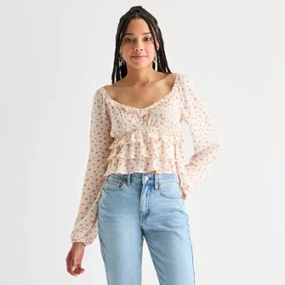 Arizona Womens Juniors U Neck Long Sleeve Blouse In White