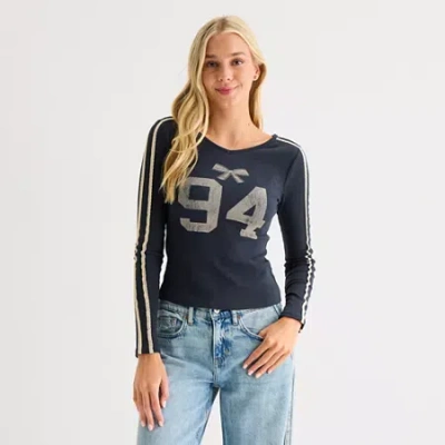 Arizona Womens Juniors V Neck Long Sleeve T-shirt In Blue