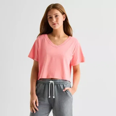 Arizona Womens Juniors V Neck Short Sleeve T-shirt In Pink