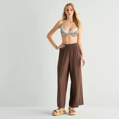 Arizona Womens Juniors Wide Leg Pull-on Pant In Brown