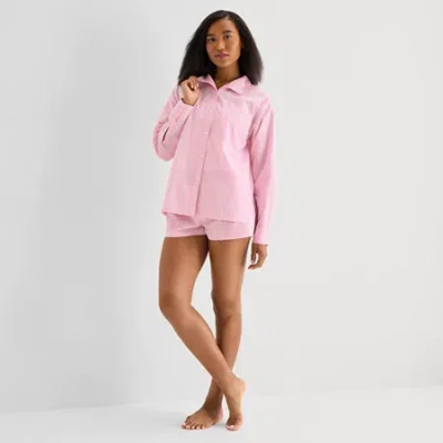 Arizona Womens Poplin Long Sleeve Juniors Pajama Top In Pink