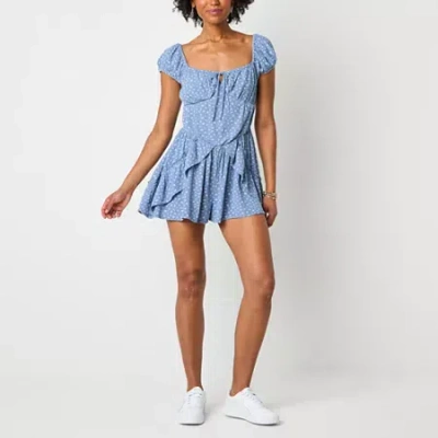 Arizona Womens Short Sleeve Floral Juniors Romper In Blue