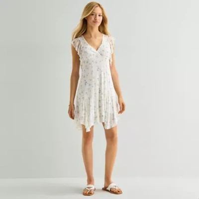 Arizona Womens Short Sleeve Juniors Floral Babydoll Dress In White