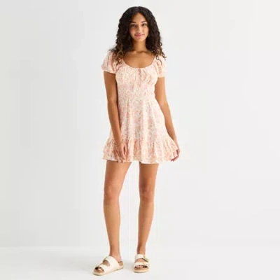 Arizona Womens Short Sleeve Juniors Floral Babydoll Dress In Pink