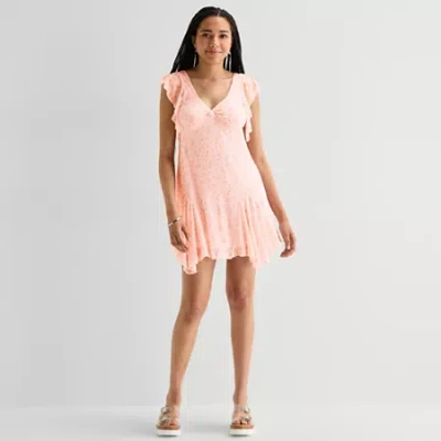 Arizona Womens Short Sleeve Juniors Floral Babydoll Dress In Pink