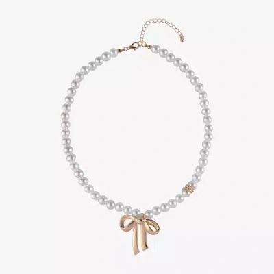 Arizona Womens Simulated Pearl Bow 16 Inch Pendant Necklace In Silver