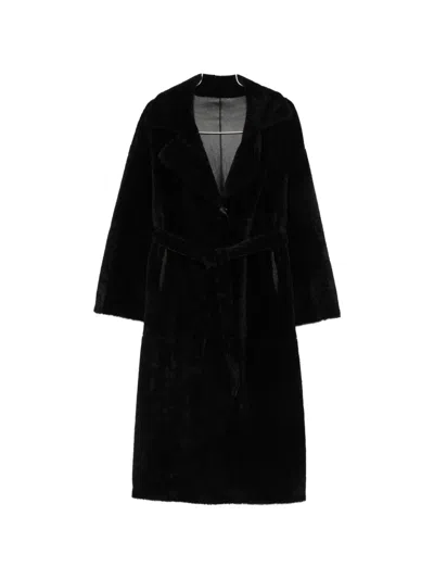Arma Belted Shearling Coat In Black
