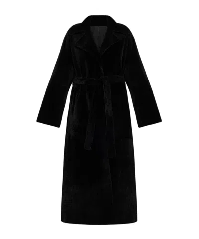 Arma Belted Shearling Coat In Black