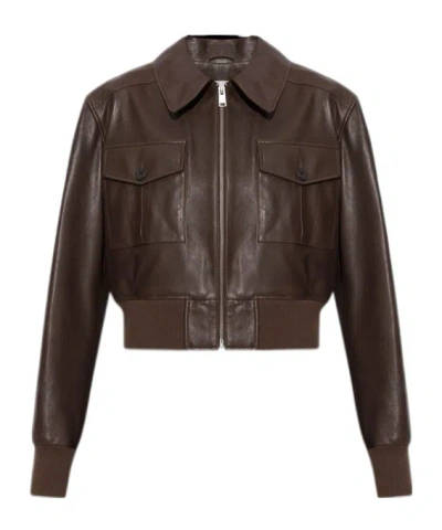 Arma Collared Cropped Leather Jacket In Brown