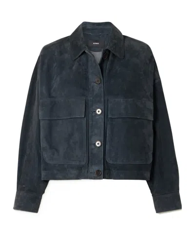 Arma Dark Slate Blue Suede Collared Cropped Jacket In Gray
