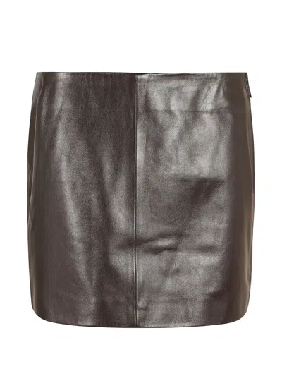 Arma Brown Leather Mini Skirt With Central Seam And Discreet Zipper