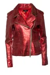 Arma , Red Metallic Leather Biker Jacket In Red