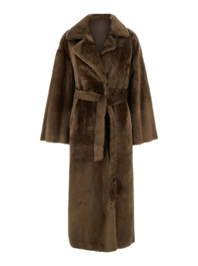 Arma Reversible Leather & Fur Jacket With Notched Collar, Waist Tie And Side Pockets In Brown