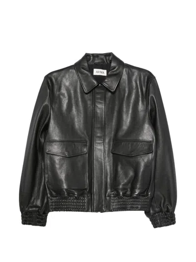 Arma Smocked-trim Leather Jacket In Black