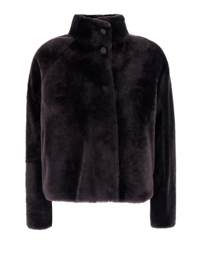Arma Women's Shearling Jacket With High Collar And Button-front Detail In Grey