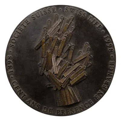 Pre-owned Arman (after) : "la Main Tendue", Patinated Bronze Medallion, 1998 In Gold