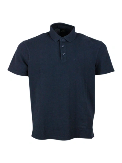 Armani Collezioni 3-button Short-sleeved Pique Cotton Polo Shirt With Logo Embroidered On The Chest In Blue