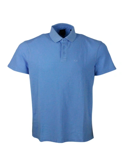 Armani Collezioni 3-button Short-sleeved Pique Cotton Polo Shirt With Logo Embroidered On The Chest In Gnawed Blue