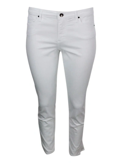 Armani Collezioni 5-pocket Trousers In Soft Stretch Cotton Super Skinny Capri. Zip And Button Closure. In White