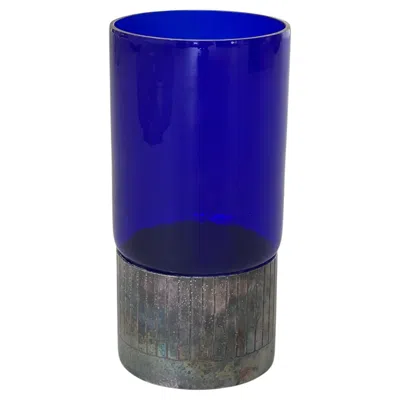 Pre-owned Armani Collezioni Armani Casa Cobalt Blue Glass Vase With Iridescent Metal Base