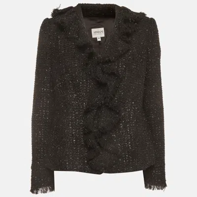 Pre-owned Armani Collezioni Black Metallic Tweed Ruffled Button Up Jacket L