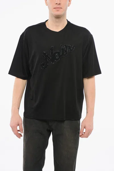 Armani Collezioni Emporio Cotton Blend Noir T-shirt With Beaded Embroidery In Black