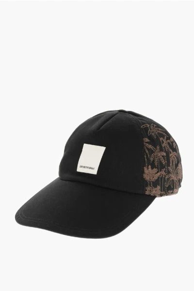 Armani Collezioni Emporio Cotton Twill Cap With Embroidered Palms In Black