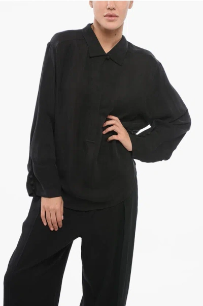 Armani Collezioni Emporio Cupro Shirt With Button-down Collar In Black