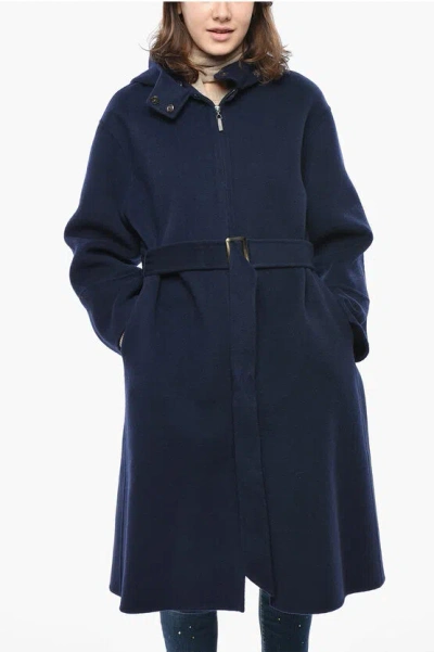 Armani Collezioni Emporio Full Zip Hooded Coat With Belt In Blue