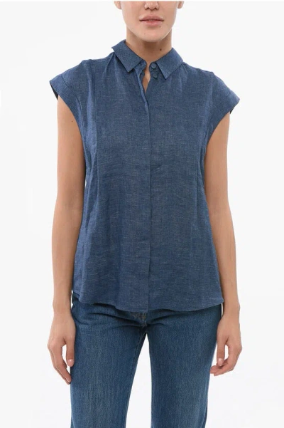 Armani Collezioni Emporio Icon Linen Sleeveless Shirt In Blue