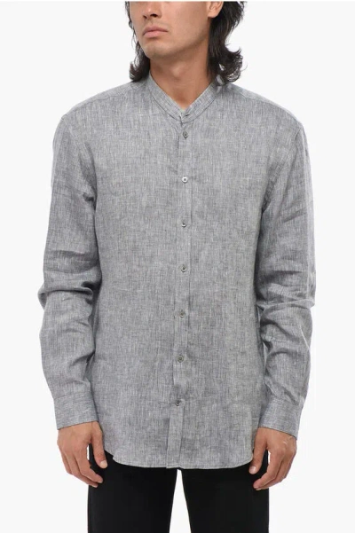 Armani Collezioni Emporio Linen Mandarin Collar Shirt In Grey